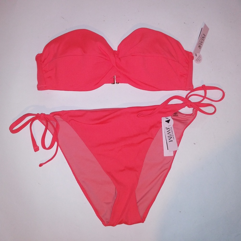 Victoria's Secret Swim Bikini 36C Top Small Bottom Coral Orange Ribbed Bandeau